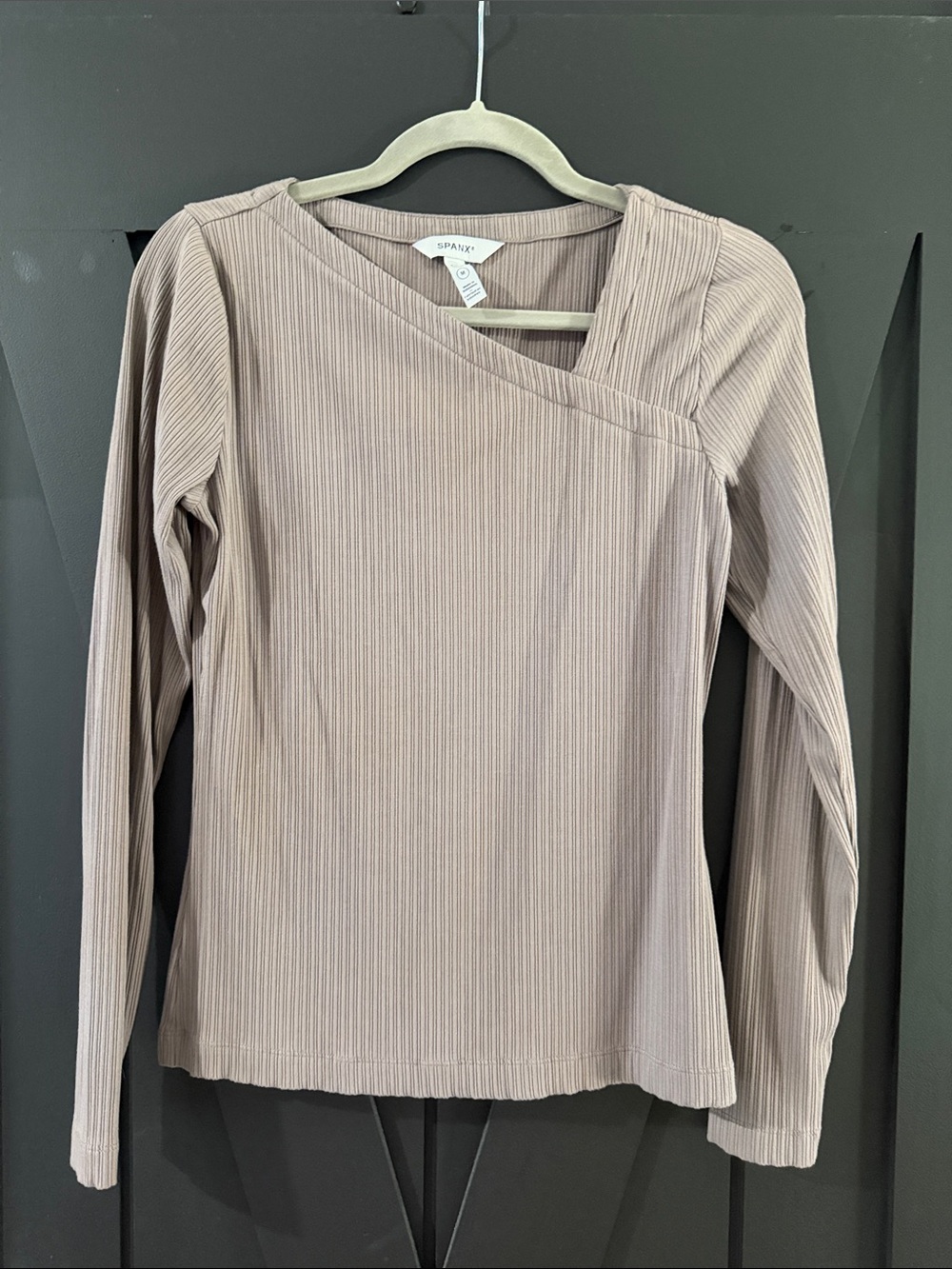 SPANX Ribbed Long-Sleeve Asymmetric Neck Top — Taupe